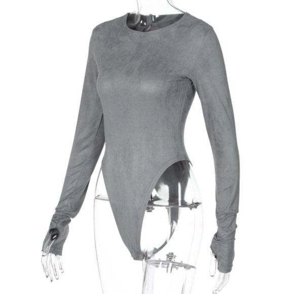 New Grey Long Sleeve Thong Back High Cut Leg Bodysuit - Picture 2 of 5